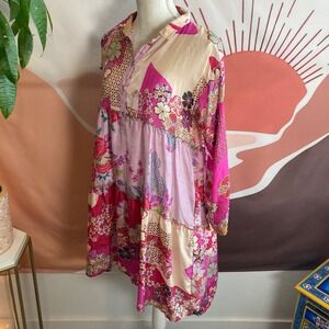 Johnny Was XS Silk Floral Print Long Sleeve Tiered Tunic Botanical Boho Flowy